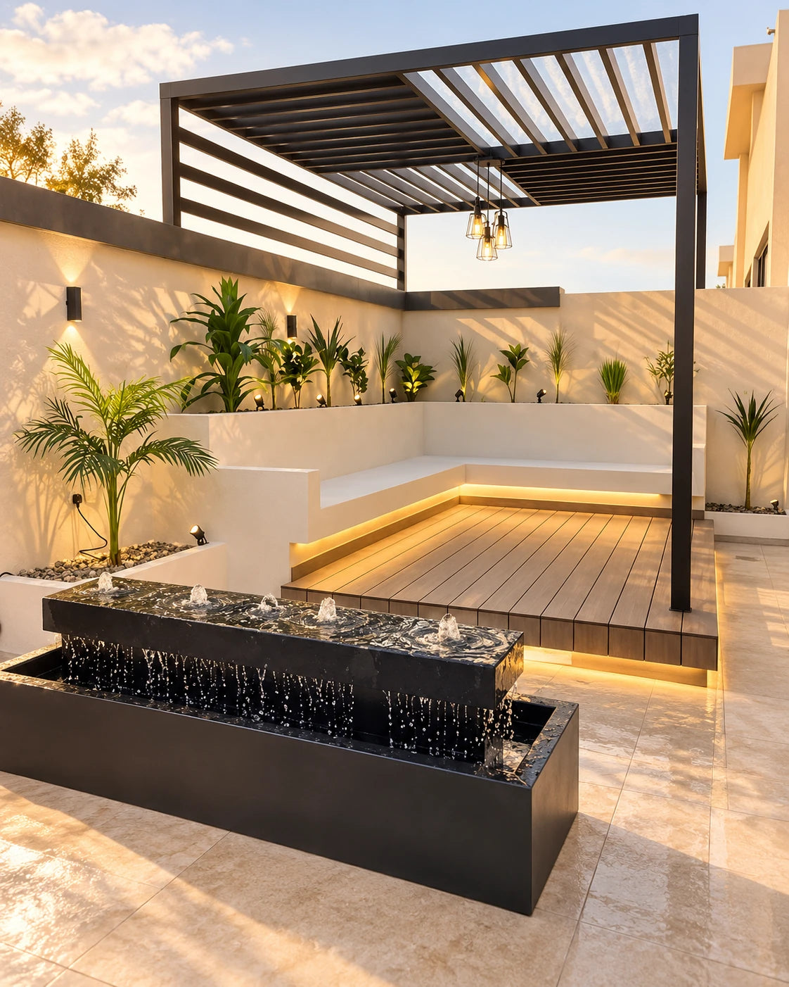 Stylish pergolas, Raised Seating Decks, Cascading Water Features