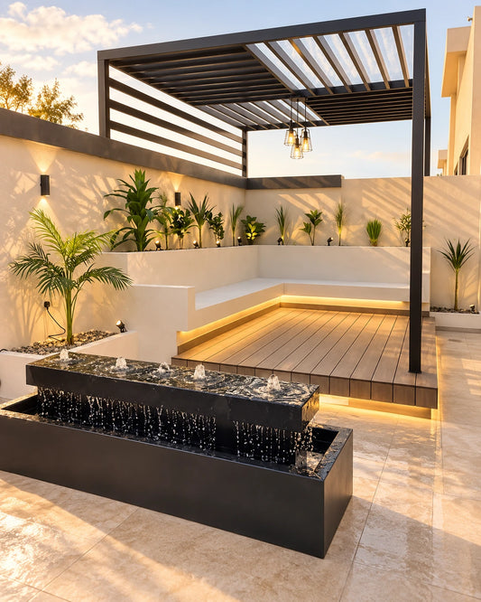 Stylish pergolas, Raised Seating Decks, Cascading Water Features