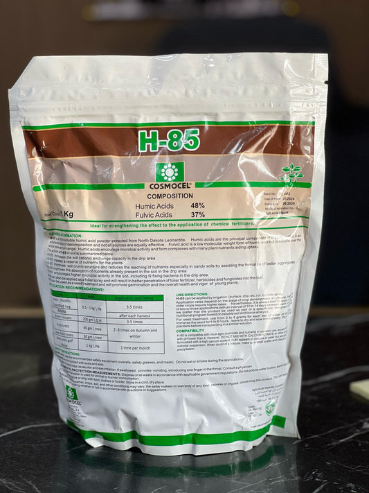 Plant House Cosmocel H85 humic and fulvic acids for plants, 1kg bag, natural soil enhancement and plant growth supplement.