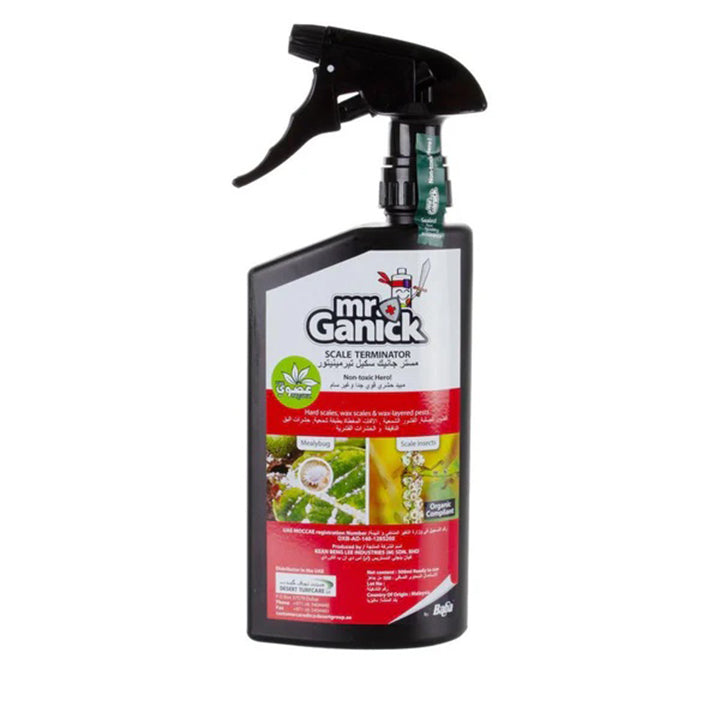 Plant House Mr. Garnick Insecticide 500ml bottle for protecting plants from pests, shown next to healthy green foliage.
