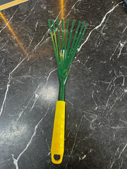 Green hand rake gardening tool by Plants House Gardening Work LLC, ideal for soil and plant maintenance, made in Taiwan.